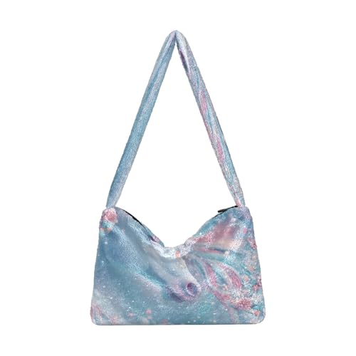 OWFKAY Plüsch Unterarmtasche Damen Tote Handtaschen Damen Flauschige Geldbörse Schultertasche für Winter Einhorn Gesicht Märchenstil Gradual Soft Light Pattern von OWFKAY
