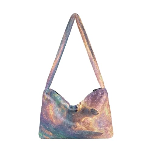 OWFKAY Plüsch Unterarmtasche Damen Tote Handtaschen Damen Flauschige Geldbörse Schultertasche für Winter Eisbären Surfen Polarlicht Wellen von OWFKAY