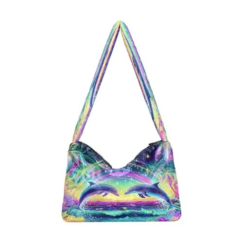 OWFKAY Plüsch Unterarmtasche Damen Tote Handtaschen Damen Flauschige Geldbörse Schultertasche für Winter Glühender Neon Delfin von OWFKAY