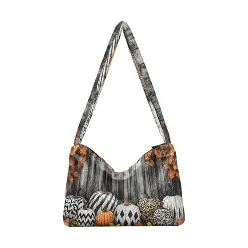 OWFKAY Plüsch Unterarmtasche Damen Tote Handtaschen Damen Flauschige Geldbörse Schultertasche für Winter Gruppe Kürbisse Blatt von OWFKAY