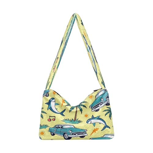 OWFKAY Plüsch Unterarmtasche Damen Tote Handtaschen Damen Flauschige Geldbörse Schultertasche für Winter Hai Auto Palme Muster von OWFKAY