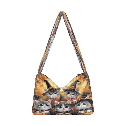 OWFKAY Plüsch Unterarmtasche Damen Tote Handtaschen Damen Flauschige Geldbörse Schultertasche für Winter Halloween Katzen Kürbisse von OWFKAY