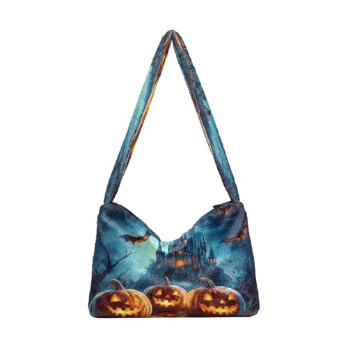OWFKAY Plüsch Unterarmtasche Damen Tote Handtaschen Damen Flauschige Geldbörse Schultertasche für Winter Halloween Kürbisse Schloss von OWFKAY