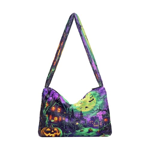 OWFKAY Plüsch Unterarmtasche Damen Tote Handtaschen Damen Flauschige Geldbörse Schultertasche für Winter Halloween Nacht Mond Kürbis von OWFKAY