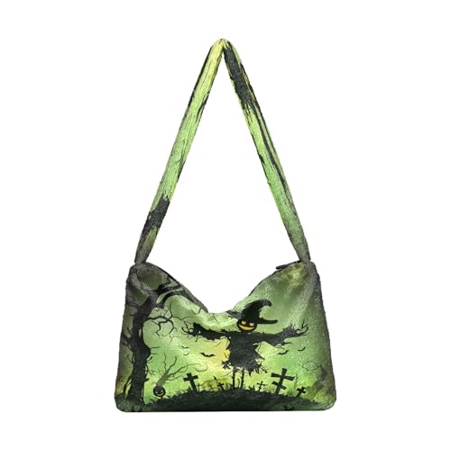OWFKAY Plüsch Unterarmtasche Damen Tote Handtaschen Damen Flauschige Geldbörse Schultertasche für Winter Halloween Vogelscheuche Kürbis Silhouette von OWFKAY