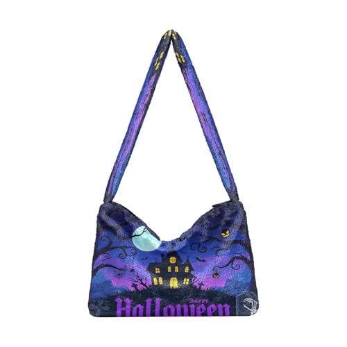 OWFKAY Plüsch Unterarmtasche Damen Tote Handtaschen Damen Flauschige Geldbörse Schultertasche für Winter Haus Baum Kürbis Mond von OWFKAY