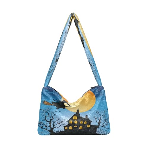 OWFKAY Plüsch Unterarmtasche Damen Tote Handtaschen Damen Flauschige Geldbörse Schultertasche für Winter Hexenschloss Mond von OWFKAY