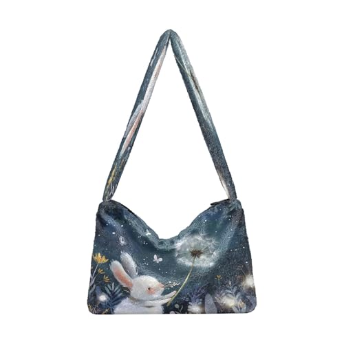 OWFKAY Plüsch Unterarmtasche Damen Tote Handtaschen Damen Flauschige Geldbörse Schultertasche für Winter Kaninchen Löwenzahn von OWFKAY