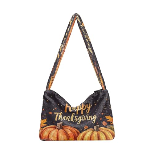 OWFKAY Plüsch Unterarmtasche Damen Tote Handtaschen Damen Flauschige Geldbörse Schultertasche für Winter Kürbis Herbst von OWFKAY