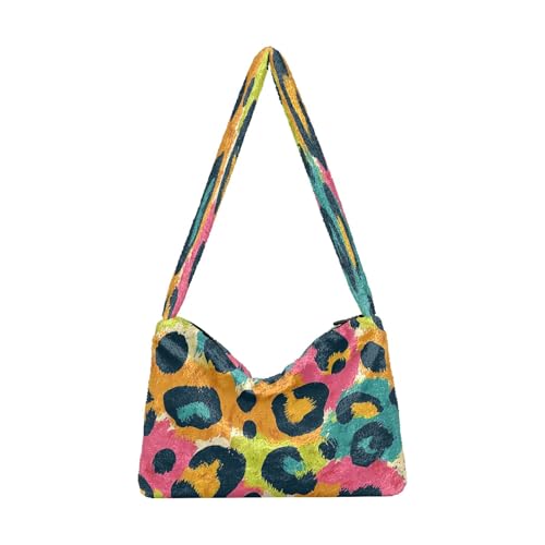 OWFKAY Plüsch Unterarmtasche Damen Tote Handtaschen Damen Flauschige Geldbörse Schultertasche für Winter Leopardenmuster von OWFKAY