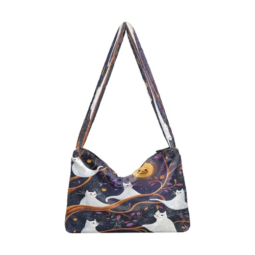 OWFKAY Plüsch Unterarmtasche Damen Tote Handtaschen Damen Flauschige Geldbörse Schultertasche für Winter Mond Katze Mond Blatt von OWFKAY