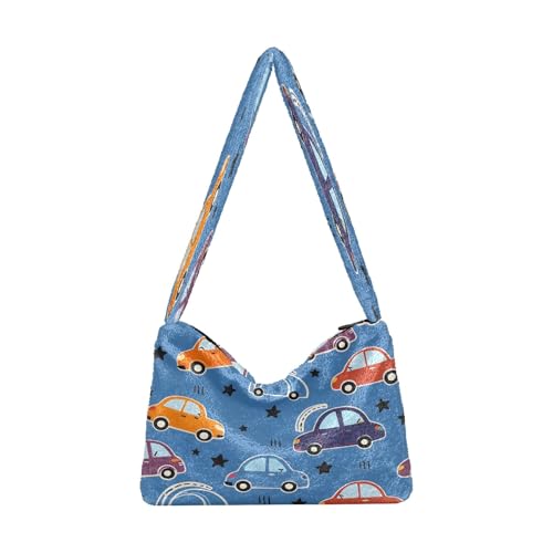 OWFKAY Plüsch Unterarmtasche Damen Tote Handtaschen Damen Flauschige Geldbörse Schultertasche für Winter Niedliches Auto Stern Muster von OWFKAY