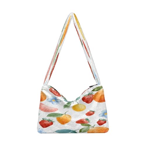 OWFKAY Plüsch Unterarmtasche Damen Tote Handtaschen Damen Flauschige Geldbörse Schultertasche für Winter Obst Muster von OWFKAY