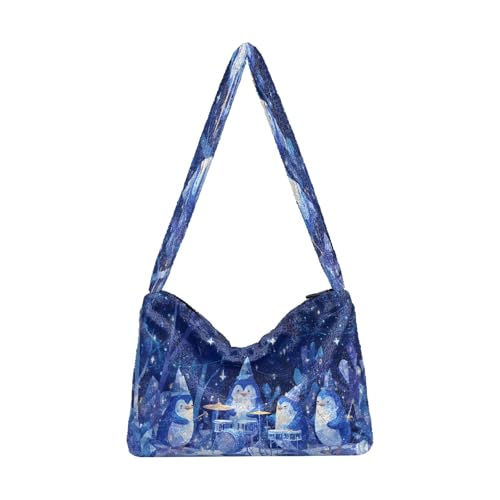 OWFKAY Plüsch Unterarmtasche Damen Tote Handtaschen Damen Flauschige Geldbörse Schultertasche für Winter Pinguin Eiskristall Instrumente Licht von OWFKAY