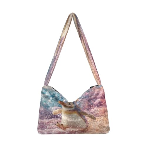 OWFKAY Plüsch Unterarmtasche Damen Tote Handtaschen Damen Flauschige Geldbörse Schultertasche für Winter Pinguin Geweih von OWFKAY