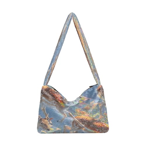 OWFKAY Plüsch Unterarmtasche Damen Tote Handtaschen Damen Flauschige Geldbörse Schultertasche für Winter Quantum Branching Deer von OWFKAY