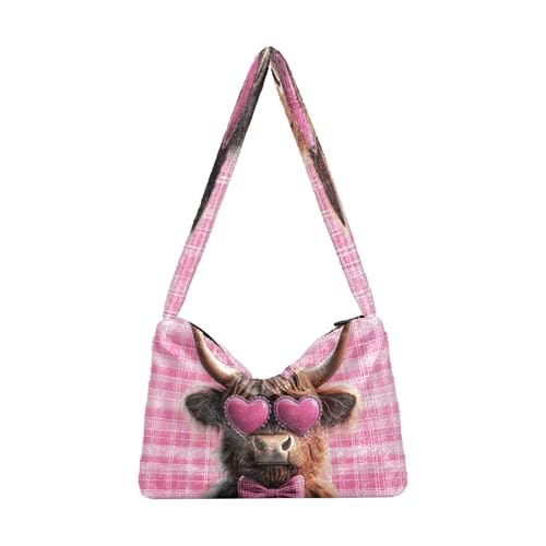 OWFKAY Plüsch Unterarmtasche Damen Tote Handtaschen Damen Flauschige Geldbörse Schultertasche für Winter Rosa Schleifen Hochlandkuh von OWFKAY