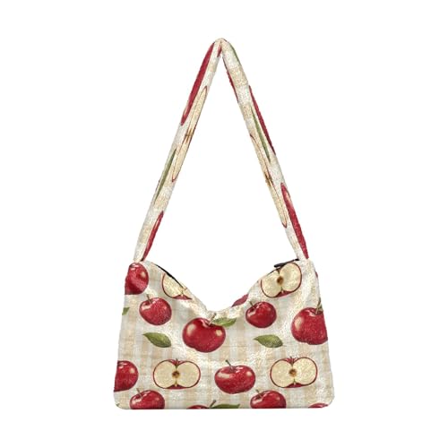 OWFKAY Plüsch Unterarmtasche Damen Tote Handtaschen Damen Flauschige Geldbörse Schultertasche für Winter Rot Apfelmuster von OWFKAY