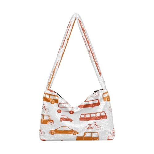 OWFKAY Plüsch Unterarmtasche Damen Tote Handtaschen Damen Flauschige Geldbörse Schultertasche für Winter Rot Cartoon Auto Fahrrad Muster von OWFKAY