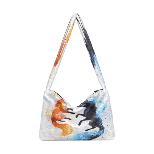 OWFKAY Plüsch Unterarmtasche Damen Tote Handtaschen Damen Flauschige Geldbörse Schultertasche für Winter Rot Schwarz Fuchs von OWFKAY