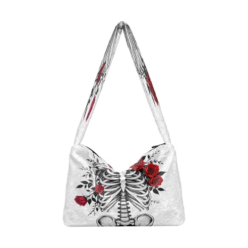 OWFKAY Plüsch Unterarmtasche Damen Tote Handtaschen Damen Flauschige Geldbörse Schultertasche für Winter Schädel Skelett von OWFKAY