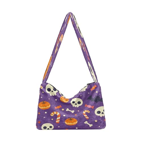 OWFKAY Plüsch Unterarmtasche Damen Tote Handtaschen Damen Flauschige Geldbörse Schultertasche für Winter Schädel Süßigkeiten Kürbis Fledermaus Muster von OWFKAY