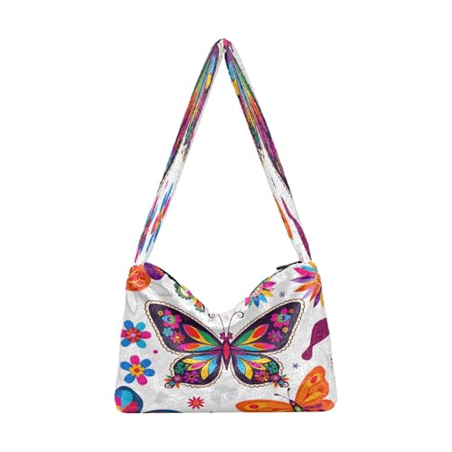 OWFKAY Plüsch Unterarmtasche Damen Tote Handtaschen Damen Flauschige Geldbörse Schultertasche für Winter Schmetterling von OWFKAY