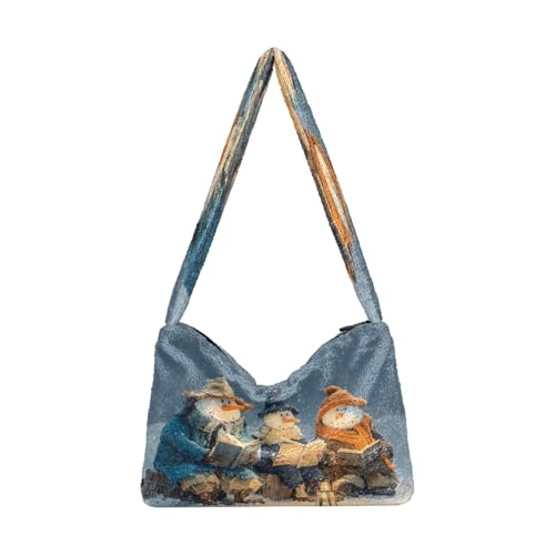 OWFKAY Plüsch Unterarmtasche Damen Tote Handtaschen Damen Flauschige Geldbörse Schultertasche für Winter Schneemann Winter Lesen Club von OWFKAY