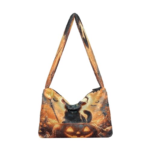 OWFKAY Plüsch Unterarmtasche Damen Tote Handtaschen Damen Flauschige Geldbörse Schultertasche für Winter Schwarz Katze mit Hut Kürbis von OWFKAY