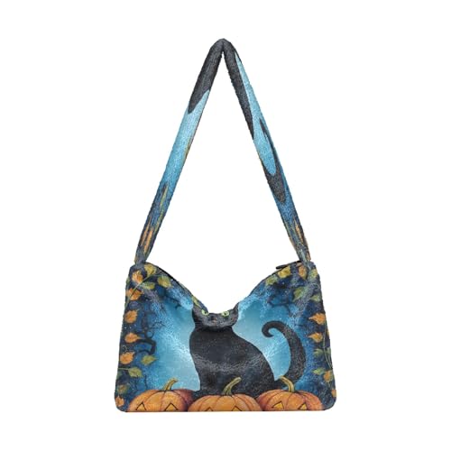 OWFKAY Plüsch Unterarmtasche Damen Tote Handtaschen Damen Flauschige Geldbörse Schultertasche für Winter Schwarz Katze mit Kürbis von OWFKAY