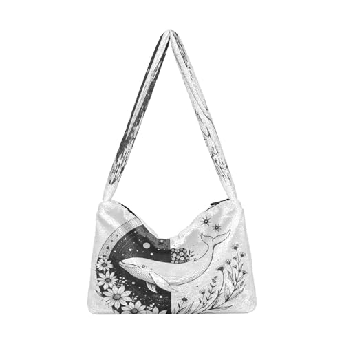 OWFKAY Plüsch Unterarmtasche Damen Tote Handtaschen Damen Flauschige Geldbörse Schultertasche für Winter Schwarz und Weiß Blau Wal von OWFKAY