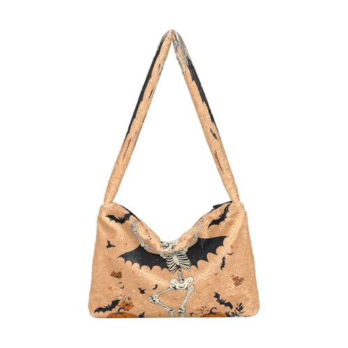 OWFKAY Plüsch Unterarmtasche Damen Tote Handtaschen Damen Flauschige Geldbörse Schultertasche für Winter Skelett Tanzen Kürbis von OWFKAY