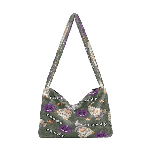 OWFKAY Plüsch Unterarmtasche Damen Tote Handtaschen Damen Flauschige Geldbörse Schultertasche für Winter Süßigkeiten Kürbis Muster von OWFKAY