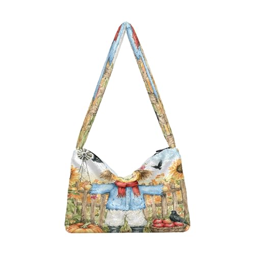 OWFKAY Plüsch Unterarmtasche Damen Tote Handtaschen Damen Flauschige Geldbörse Schultertasche für Winter Vogelscheuche Krähe Kürbis Sonnenblume von OWFKAY