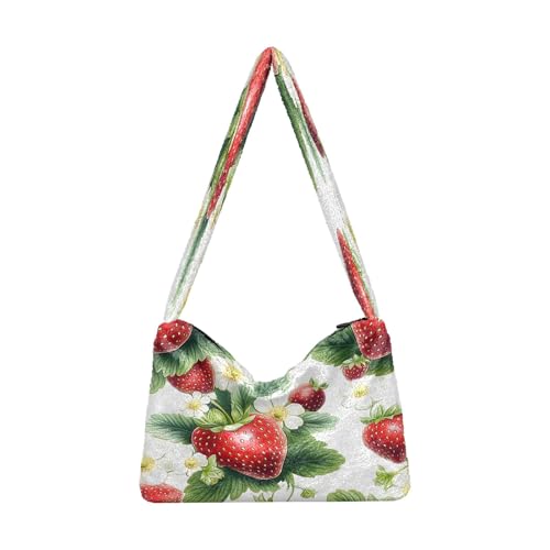 OWFKAY Plüsch Unterarmtasche Damen Tote Handtaschen Damen Flauschige Geldbörse Schultertasche für Winter Weiß Blume Erdbeermuster von OWFKAY