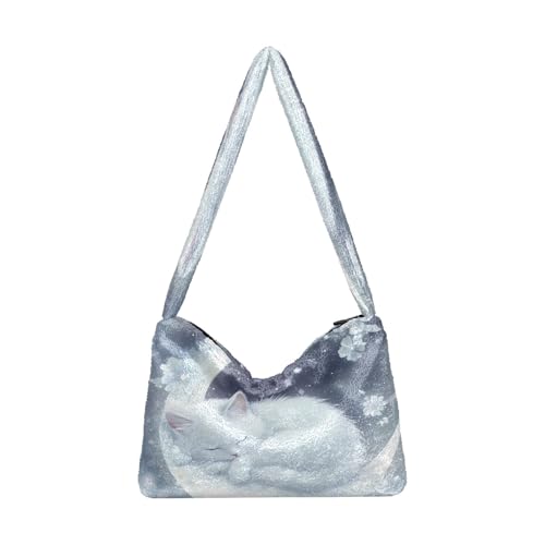 OWFKAY Plüsch Unterarmtasche Damen Tote Handtaschen Damen Flauschige Geldbörse Schultertasche für Winter Weiß Katze Schlafender Mond von OWFKAY