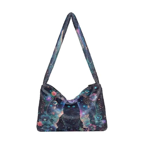 OWFKAY Plüsch Unterarmtasche Damen Tote Handtaschen Damen Flauschige Geldbörse Schultertasche für Winter Wildblume Schwarze Katze Federn von OWFKAY