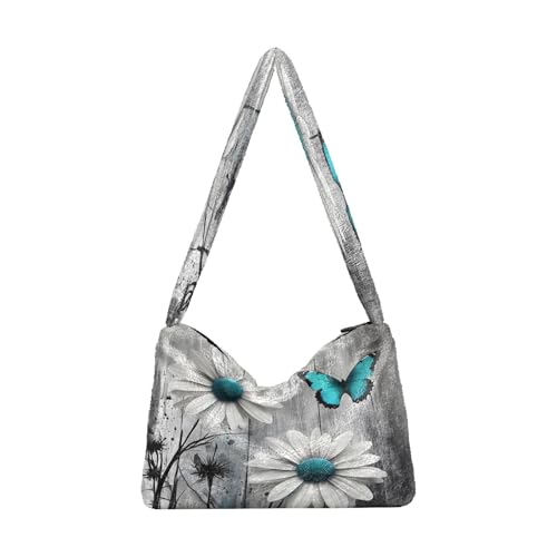 OWFKAY Plüsch Unterarmtasche Damen Tote Handtaschen Damen Flauschige Geldbörse Schultertasche für Winter Zwei Gänseblümchen Schmetterling von OWFKAY