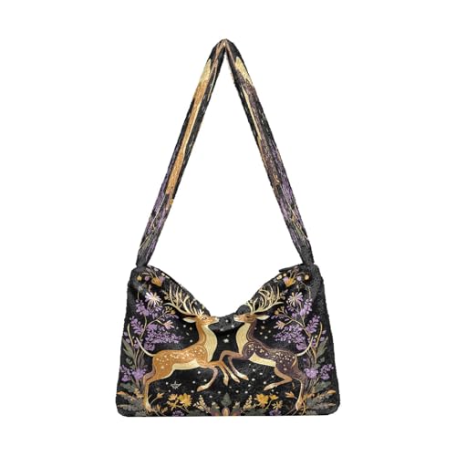 OWFKAY Plüsch Unterarmtasche Damen Tote Handtaschen Damen Flauschige Geldbörse Schultertasche für Winter Zwei Springende Hirsche von OWFKAY