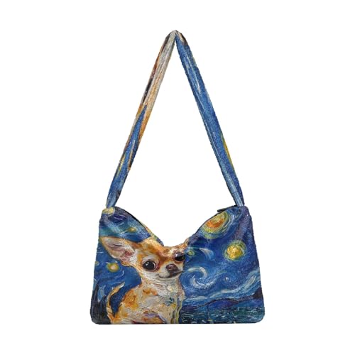 OWFKAY Plüsch Unterarmtasche Damen Tote Handtaschen Damen Flauschige Geldbörse Umhängetasche für Winter Niedlich Chihuahua Stehende Sternennacht von OWFKAY
