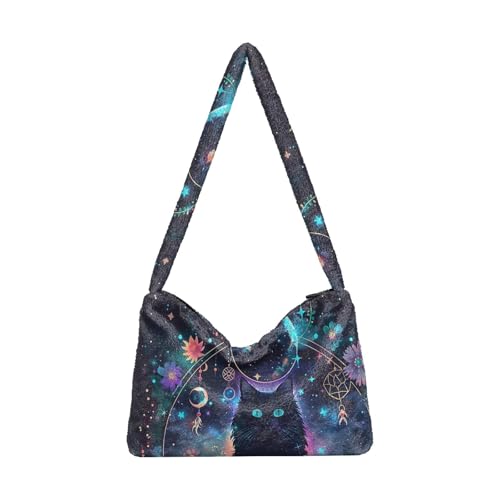OWFKAY Plüsch Unterarmtasche Damen Tote Handtaschen Wildblume Schwarz Katze Federn Damen Flauschige Geldbörse Schultertasche für Winter von OWFKAY