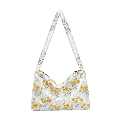 OWFKAY Plüsch Unterarmtasche - Gelb Blumen Muster Damen Flauschige Umhängetasche Frauen Flauschige Tote Bag für Herbst und Winter von OWFKAY