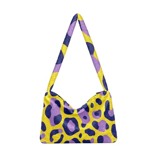 OWFKAY Plüsch Unterarmtasche - Gelb Lila Leopard Muster Damen Flauschige Umhängetasche Frauen Flauschige Tote Bag für Herbst und Winter von OWFKAY