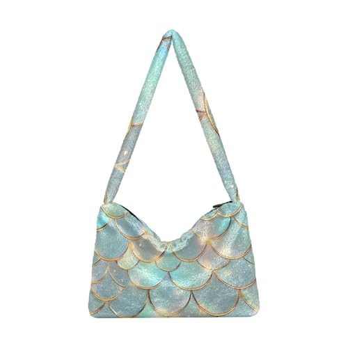 OWFKAY Plüsch Unterarmtasche - Golden Green Dragon Scales Muster Damen Flauschige Umhängetasche Frauen Flauschige Tote Bag für Herbst und Winter von OWFKAY