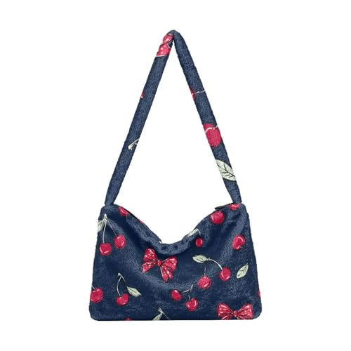 OWFKAY Plüsch Unterarmtasche Kirschrot Polka Dot Schleife Muster Damen Flauschige Umhängetasche Frauen Flauschige Tote Bag für Herbst und Winter von OWFKAY