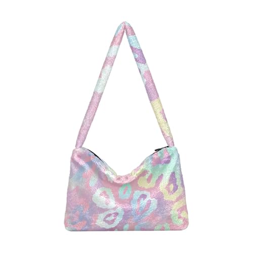 OWFKAY Plüsch Unterarmtasche Laser Leopard Muster Damen Flauschige Umhängetasche Frauen Flauschige Tote Bag für Herbst und Winter von OWFKAY