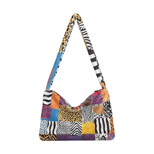 OWFKAY Plüsch Unterarmtasche Leopard Kariert Muster Damen Flauschige Umhängetasche Frauen Flauschige Tote Bag für Herbst und Winter von OWFKAY