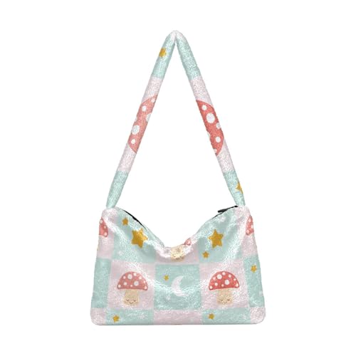 OWFKAY Plüsch Unterarmtasche Pilz Mond Stern Muster Damen Flauschige Umhängetasche Frauen Flauschige Tote Bag für Herbst und Winter von OWFKAY