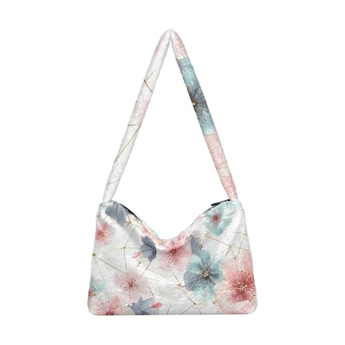 OWFKAY Plüsch Unterarmtasche Rosa Kirsche Geometrie Damen Flauschige Umhängetasche Frauen Flauschige Tote Bag für Herbst und Winter von OWFKAY