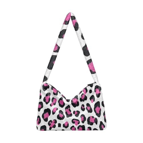OWFKAY Plüsch Unterarmtasche - Rose Red Leopard Print Muster Damen Flauschige Umhängetasche Frauen Flauschige Tote Bag für Herbst und Winter von OWFKAY